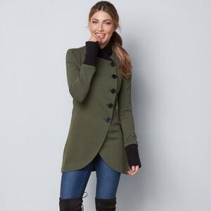 Venus Olive Green Asymmetrical Button Up Light Sweater Jacket
